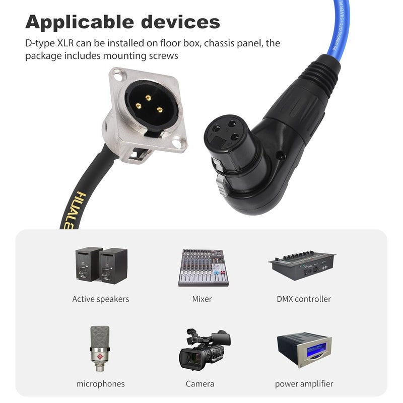HUALEU 2FT Right Angle 3pin Female XLR Pass Through Cable,D-Type XLR Male to Female Patch Panel, Floor Box - No Solder for Pro Audio Installations-20AWG Silver-Plated Copper Conductor-2Pack - Image 3